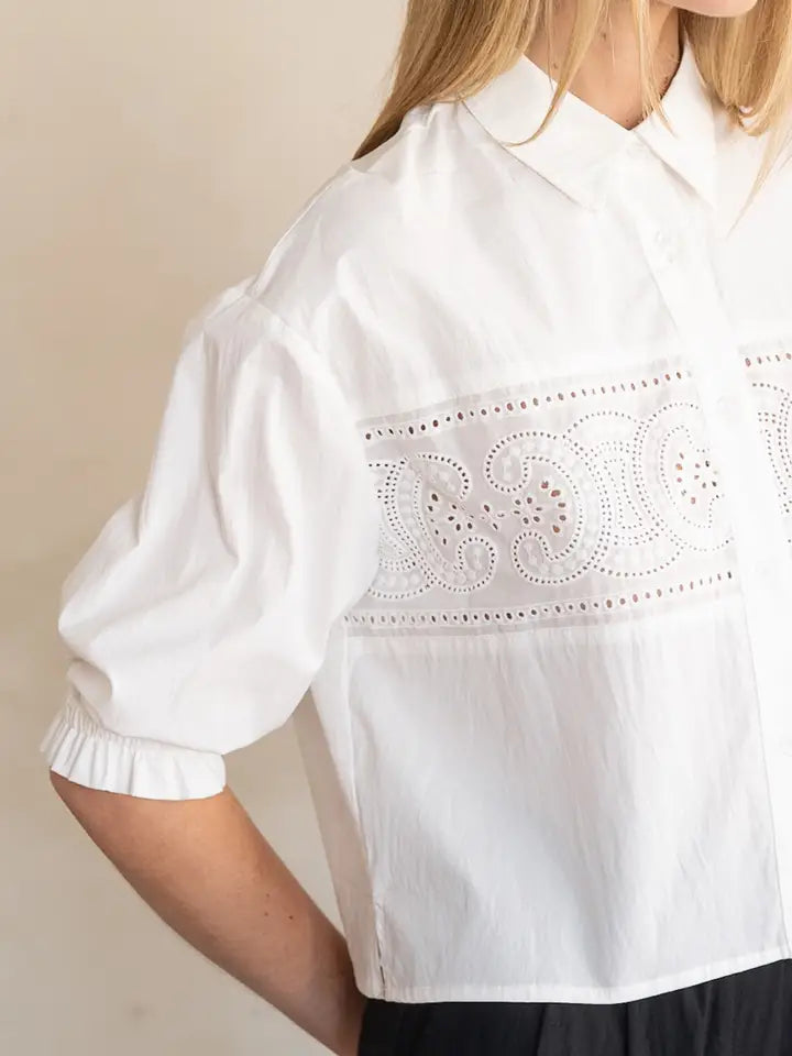Eyelet Lace Panel Button Up Blouse - White