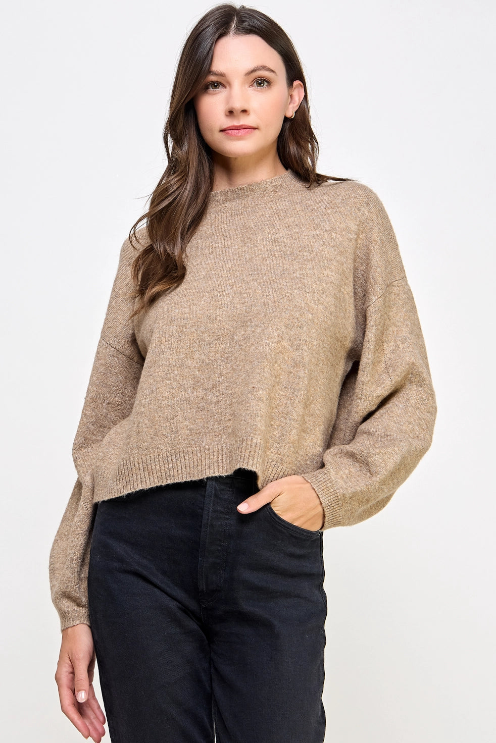 Crew Neck Balloon Sleeve Sweater - Mocha