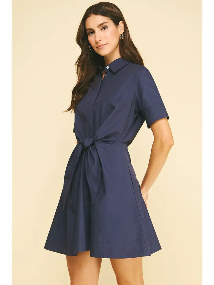 Tie-Front Button Down Mini Dress - Navy