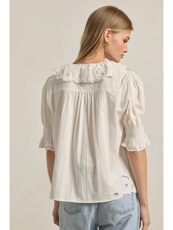 Embroidered Collar Button Blouse - Ivory