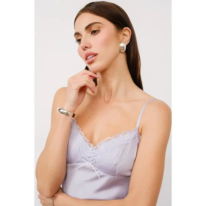 Josephine Lace Trim Satin Mini Dress - Lilac