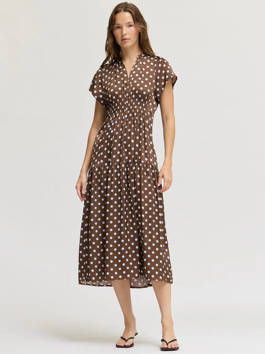 Grade + Gather - Ruffle Satin Midi Dress - Brown + Blue