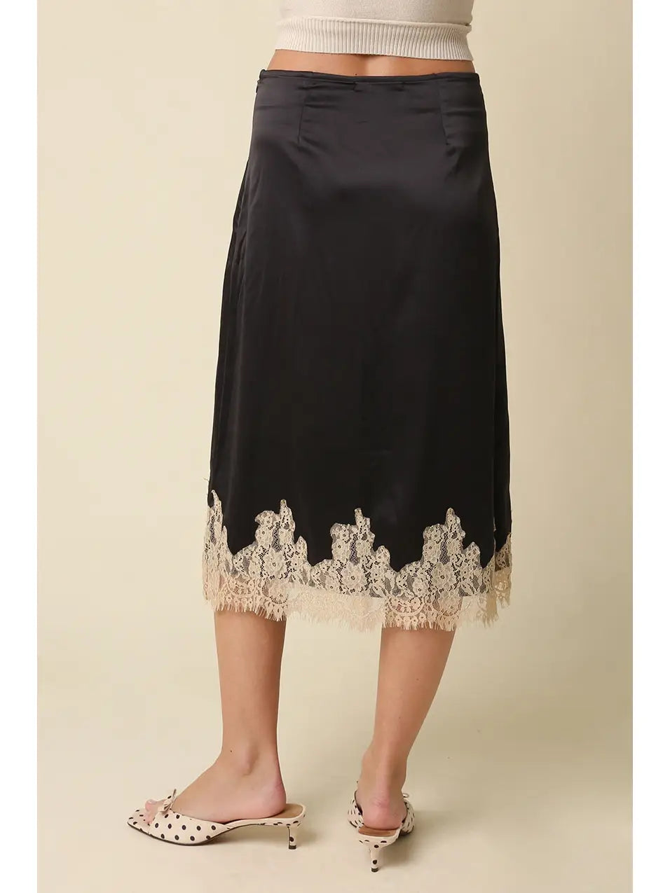 Lace Trim Satin Midi Skirt - Black Champagne