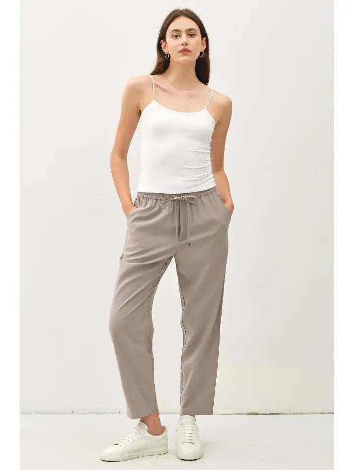 High Rise Elastic Drawstring Pants - Earth Gray