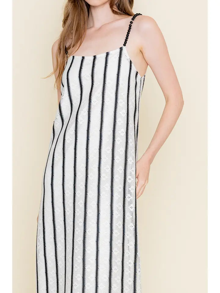 Resort Striped Bead Strap Knit Maxi Dress - Ivory + Black