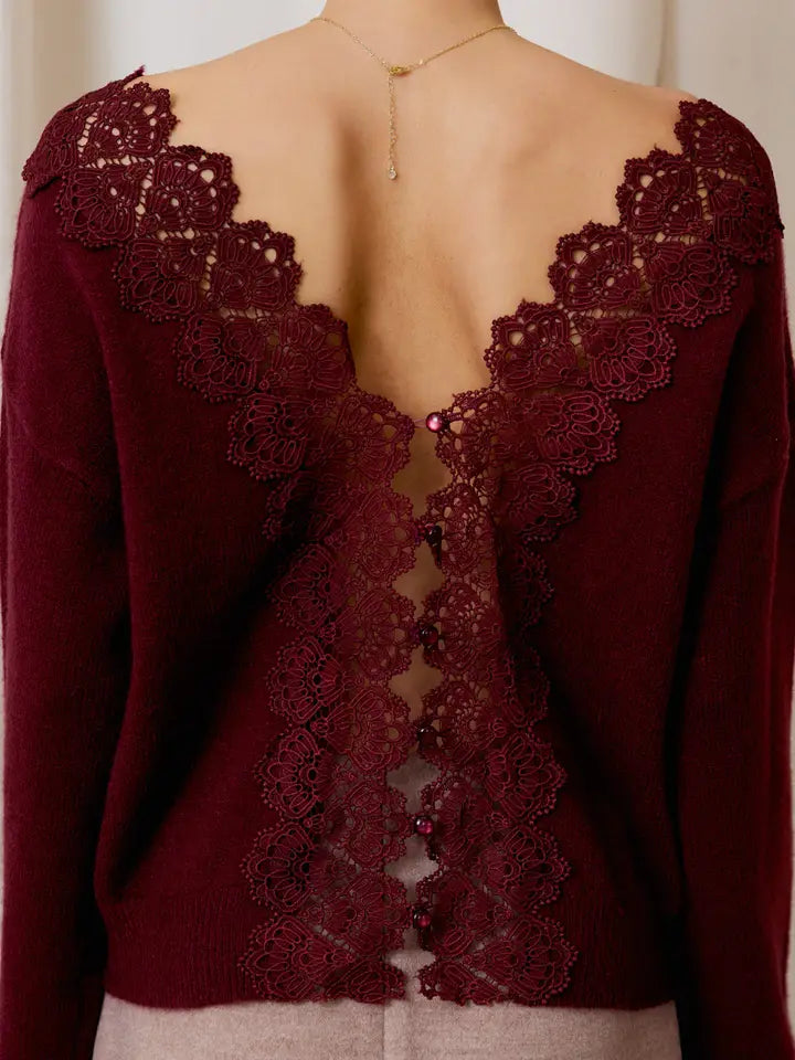 Back Lace Trim Long Sleeve Sweater - Wine