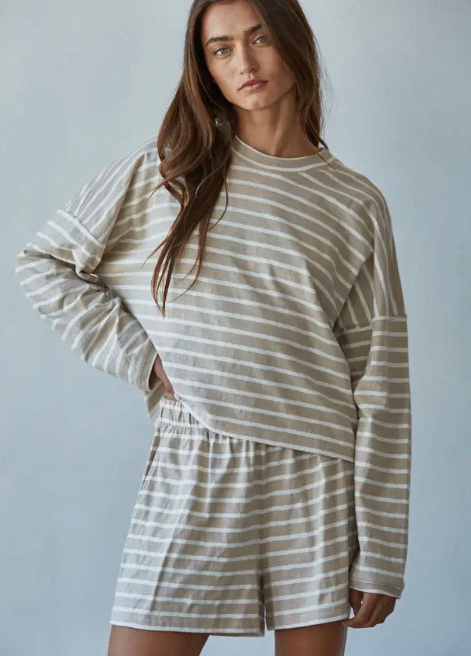 Knit Striped Mock Neck Long Sleeve - Taupe White