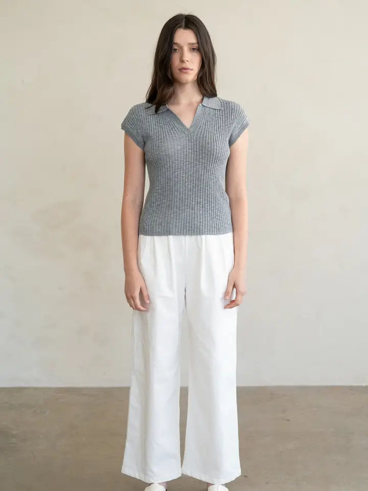 Ribbed Collared Knit Top - Grey
