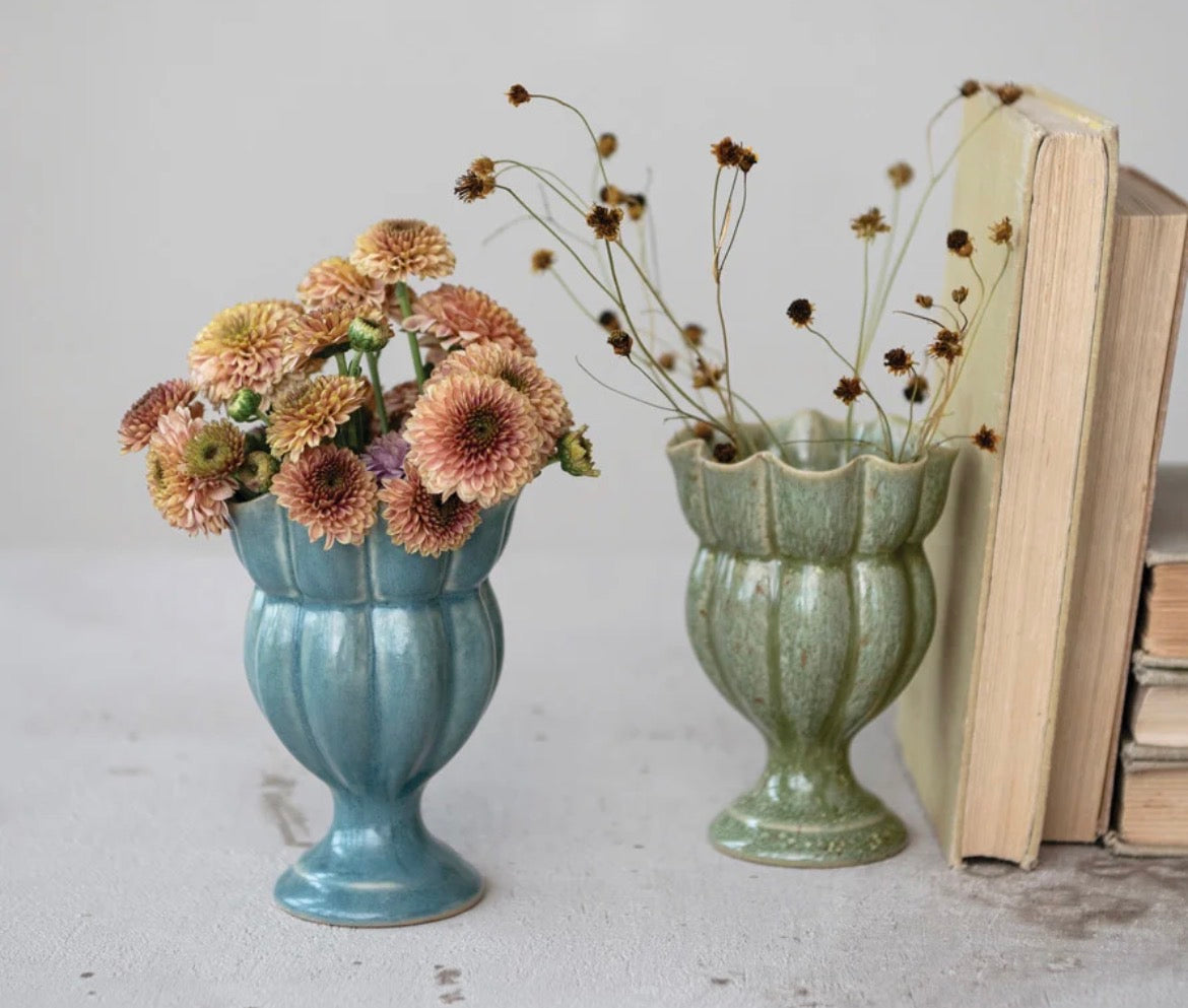 Stoneware Scalloped Footed Vase Reactive Glaze