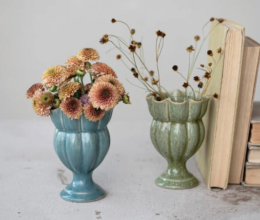 Stoneware Scalloped Footed Vase Reactive Glaze