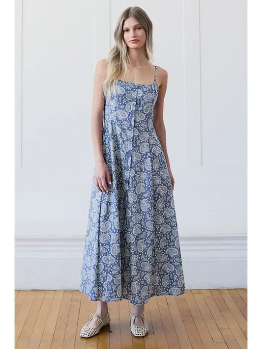 Paisley Smocked Back Midi Dress - Slate Blue