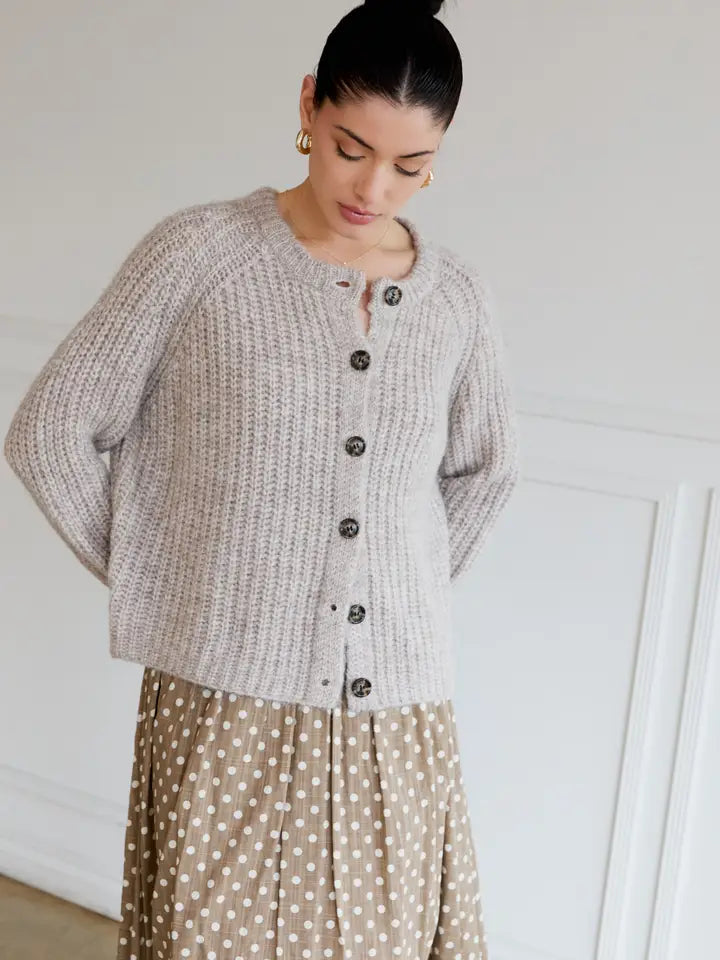 Round Neck Long Sleeve Button Up Cardigan - Heathered Gray
