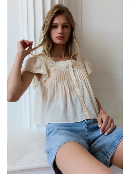 Lace Trim Pintuck Blouse - Ivory