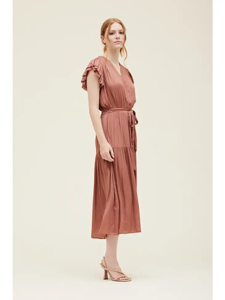 Grade + Gather - Bubble Sleeve Satin Dress - Rosewood