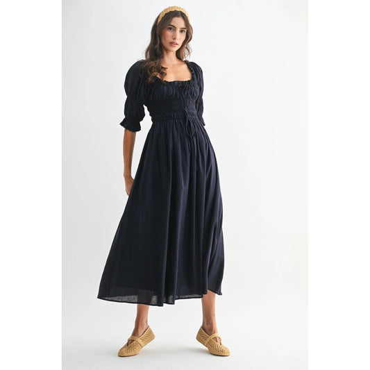 Smocked Midi Dress - Navy
