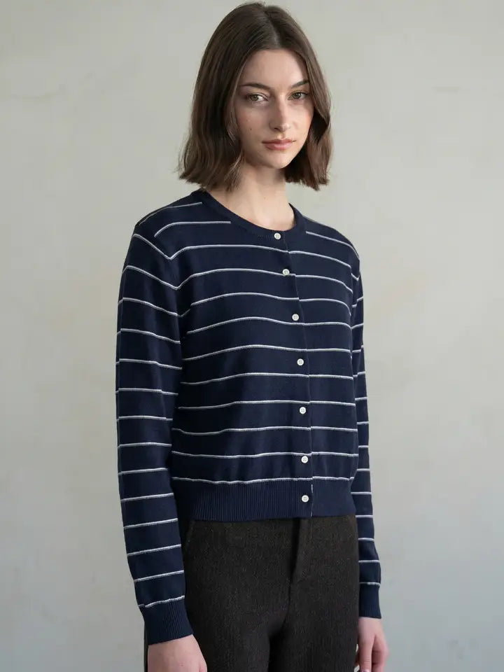 Striped Crew Neck Button Front Cardigan - Navy