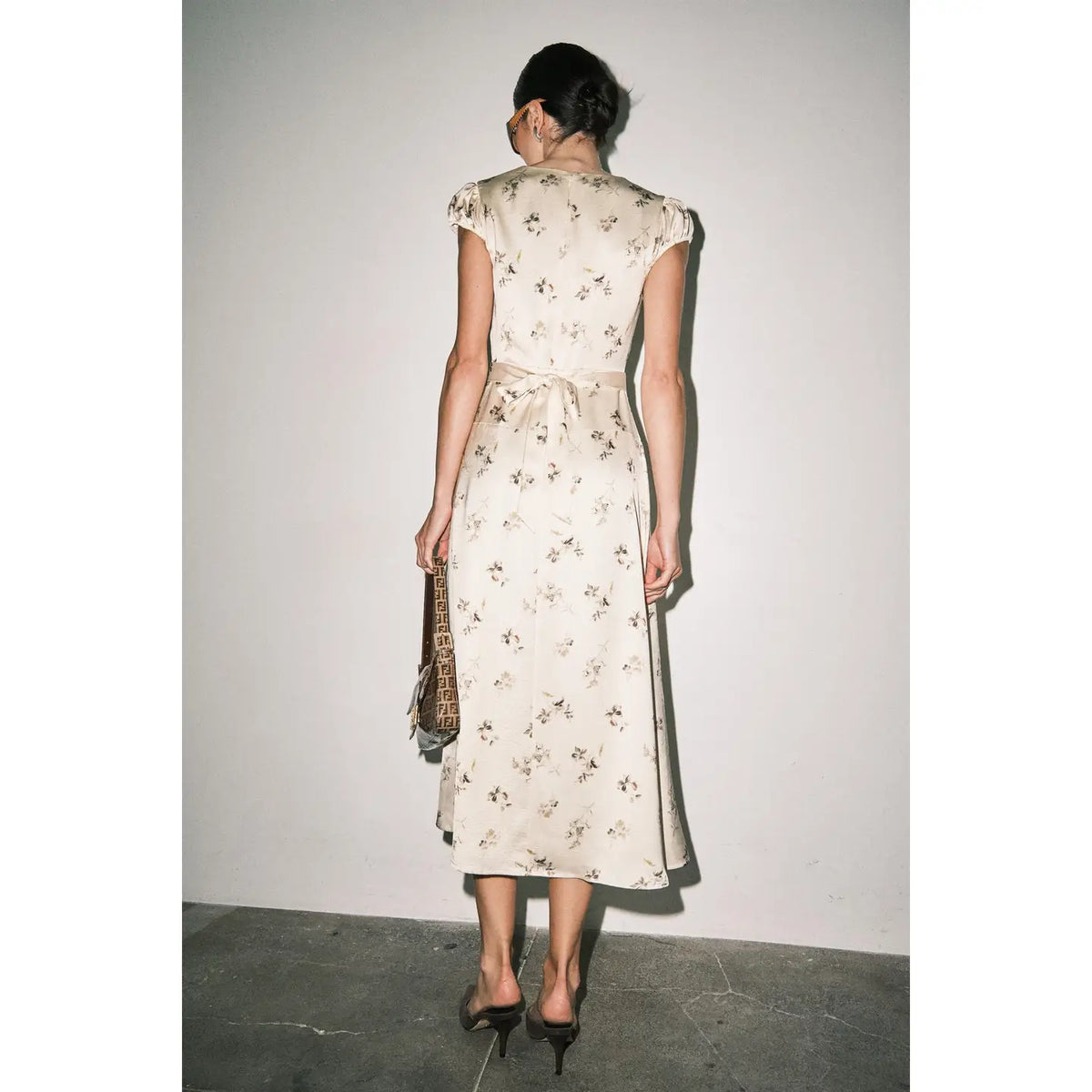 Floral Print Scalloped Lace V-Neck Cap Sleeve Midi Dress - Cream