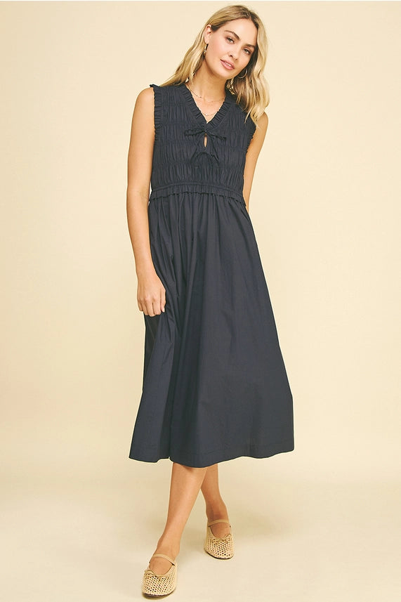 Front Tie Smocking Midi Dress - Ink