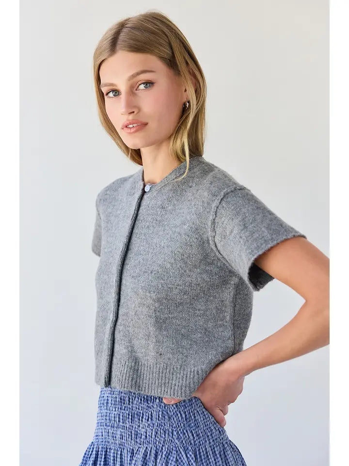 Soft Button Front Short Sleeve Knit Cardigan - Grey