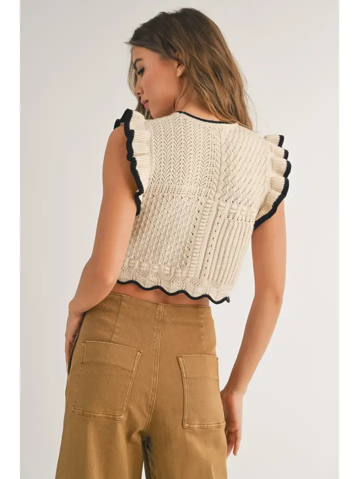 Ruffled Knitted Top - Cream + Black