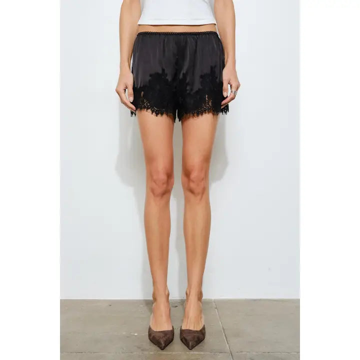 Maisy Lace-Trim Satin Short - Black