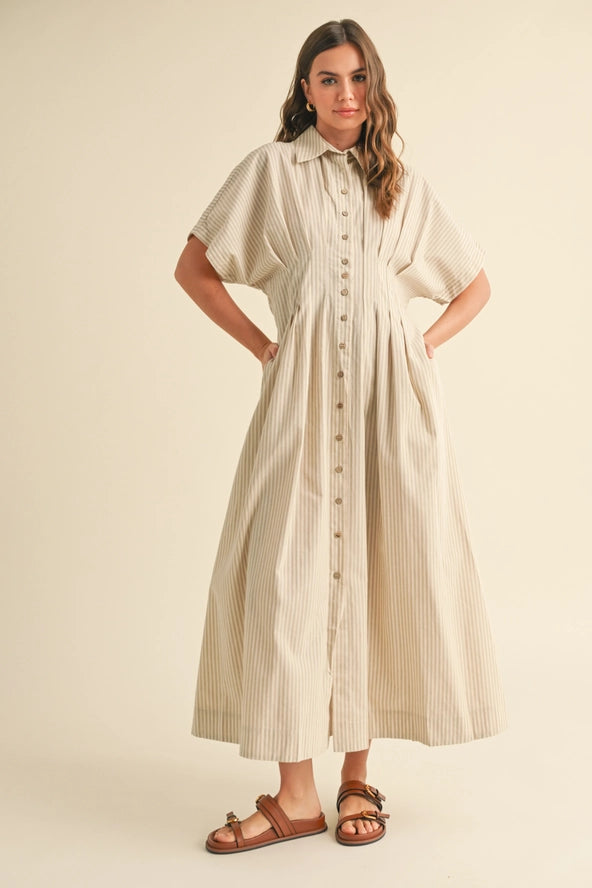 Button Down Dress - Tan Stripe