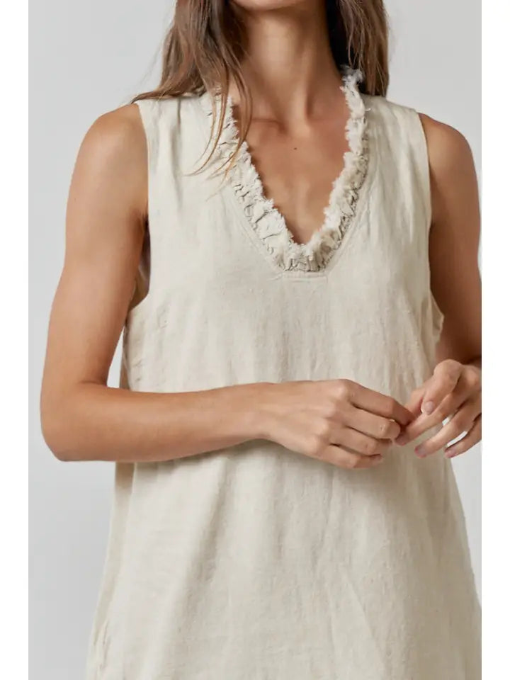 Linen Frayed V-Neck Sleeveless Mini Dress - Oatmeal
