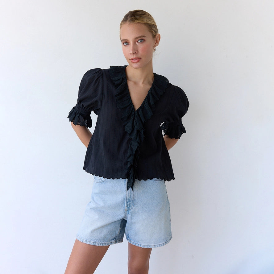 V-Neck Ruffle Blouse - Black