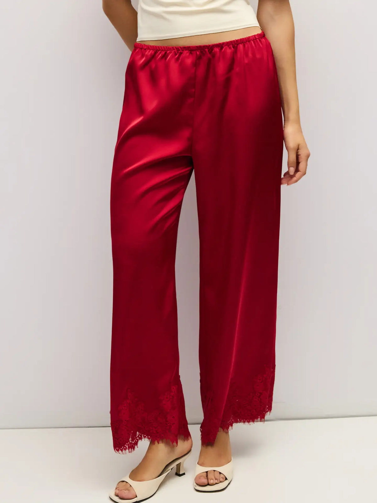 Elastic Wide Leg Satin Pant - Red