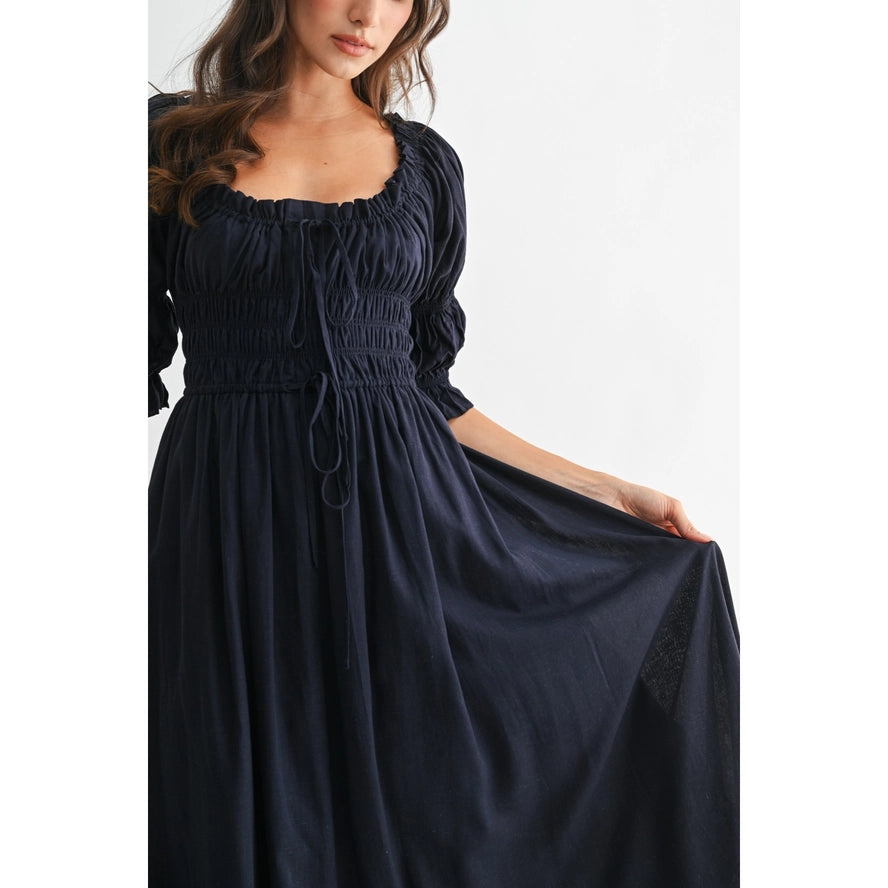Smocked Midi Dress - Navy