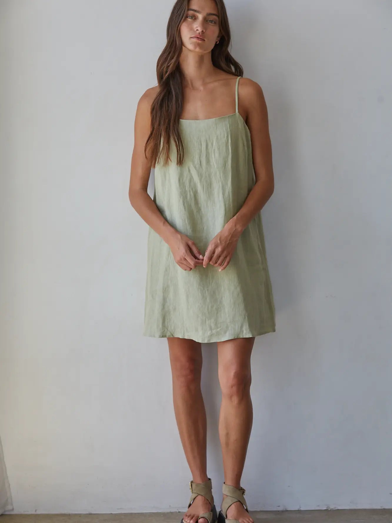 Woven Linen Mini Dress - Dusty Sage