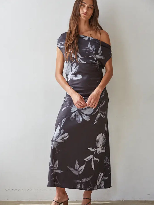Woven Floral Print Cowl Neck Sleeveless Flare MIdi Dress - Black Grey