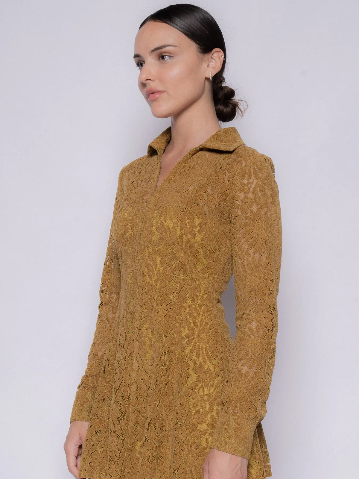 Long Sleeve Floral Lace Mini Dress- Chartreuse