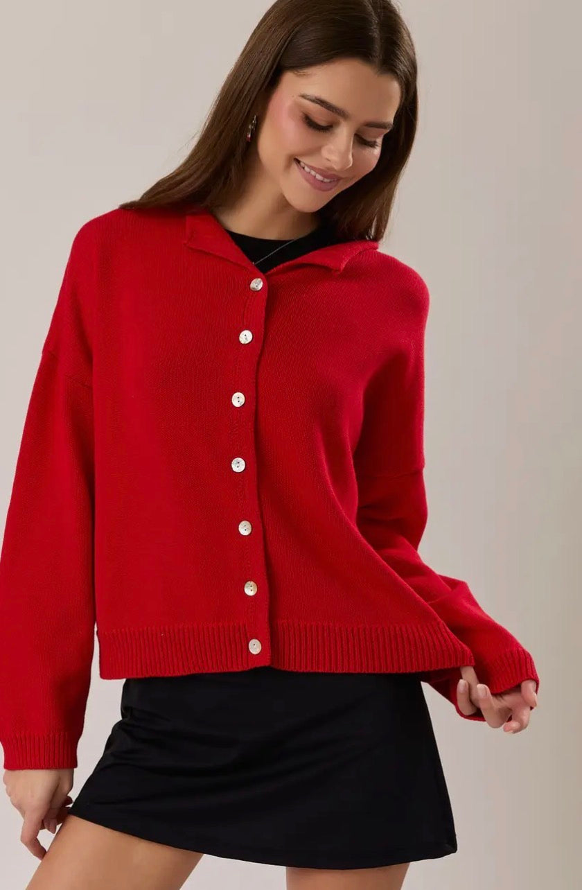 Rolled Hemline Sweater Cardigan - Red
