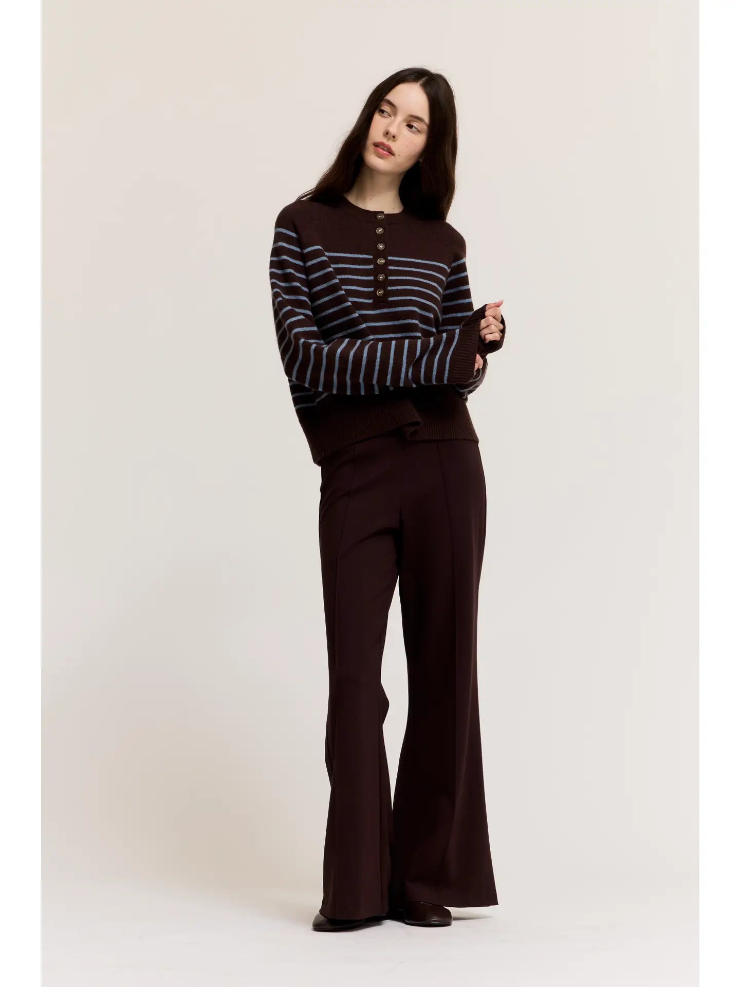 Grade + Gather - Knit Stripe Henley - Chocolate + Blue