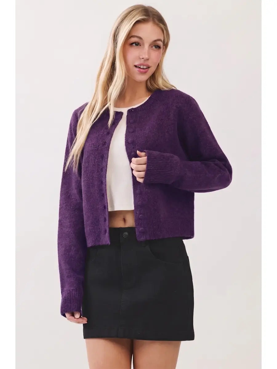 Button Down Long Sleeve Cardigan - Eggplant