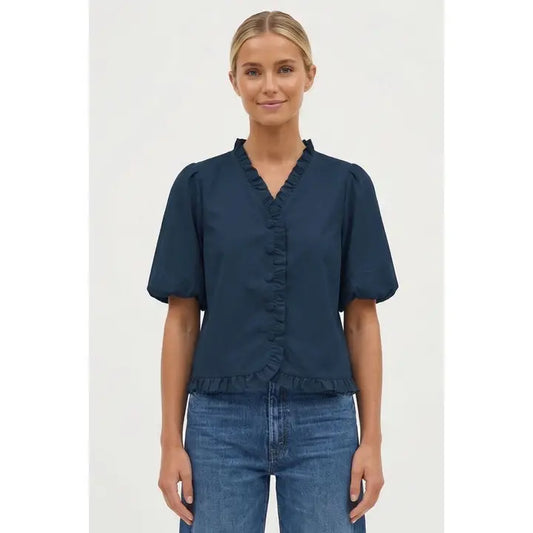 Ruffle Detail Bubble Sleeve Top - Navy