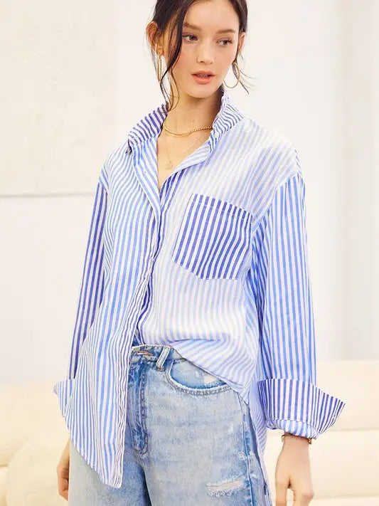 Colorblock Striped Collar Shirt - Blue Multi