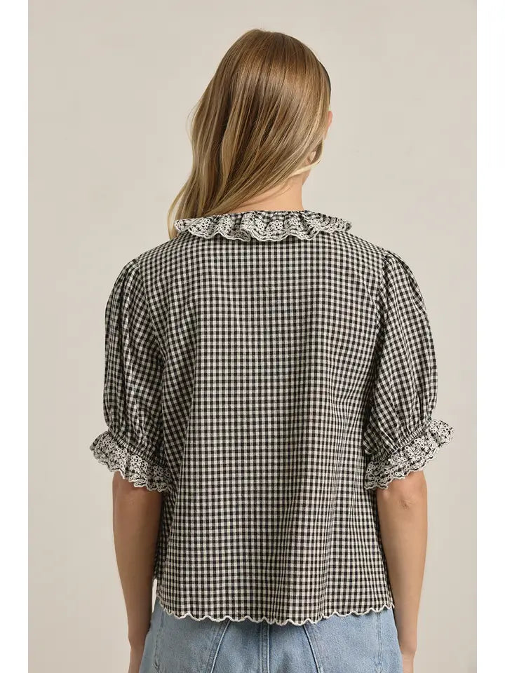Lace Ruffle Blouse - Black Gingham