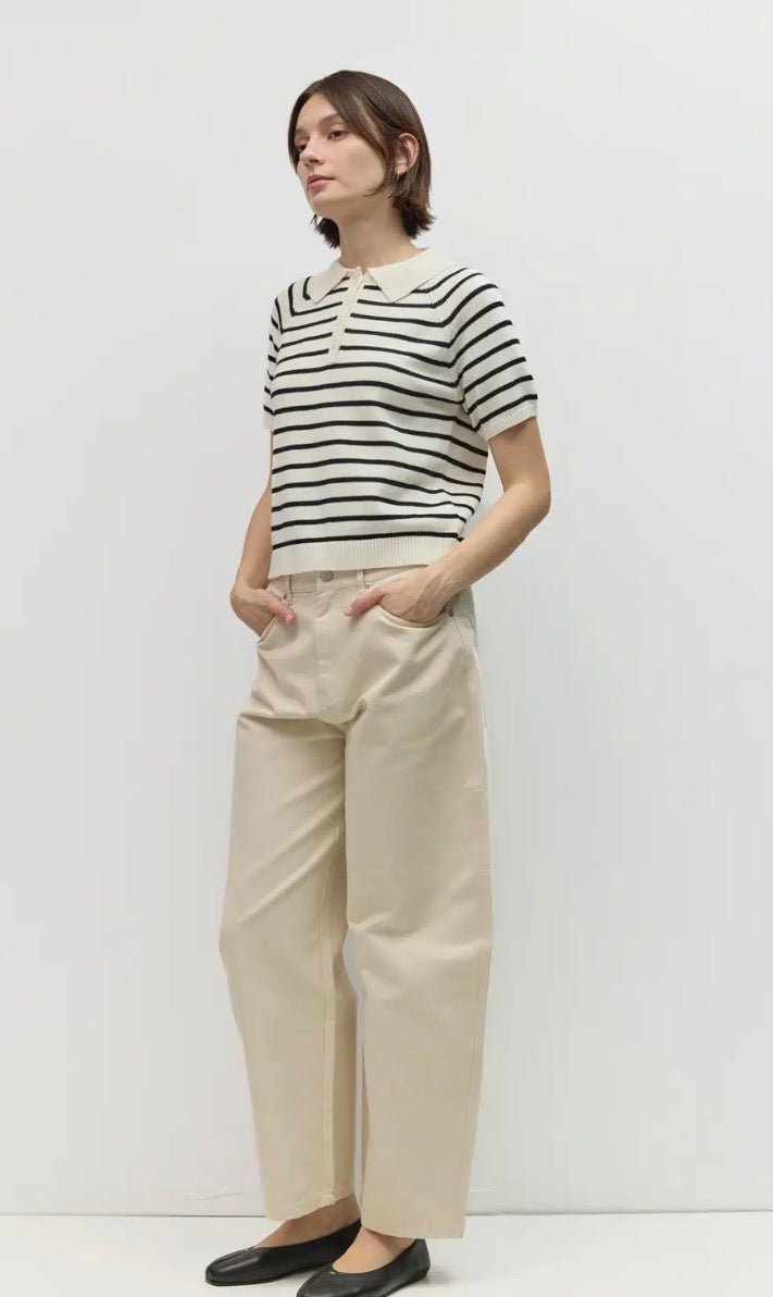 Short Sleeve Polo Sweater - Black & Cream Stripe