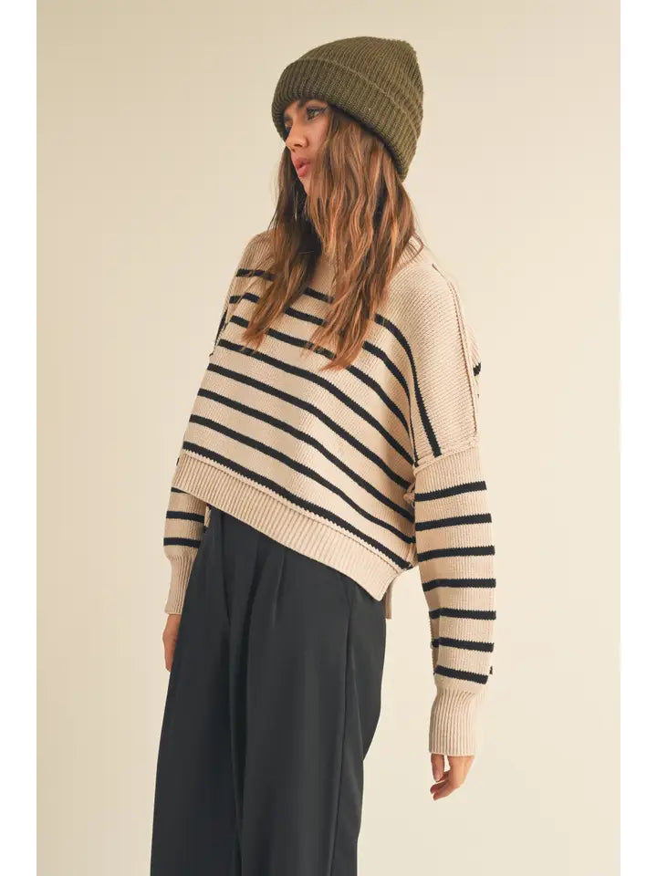 Striped Mock Neck Sweater - Tan & Black