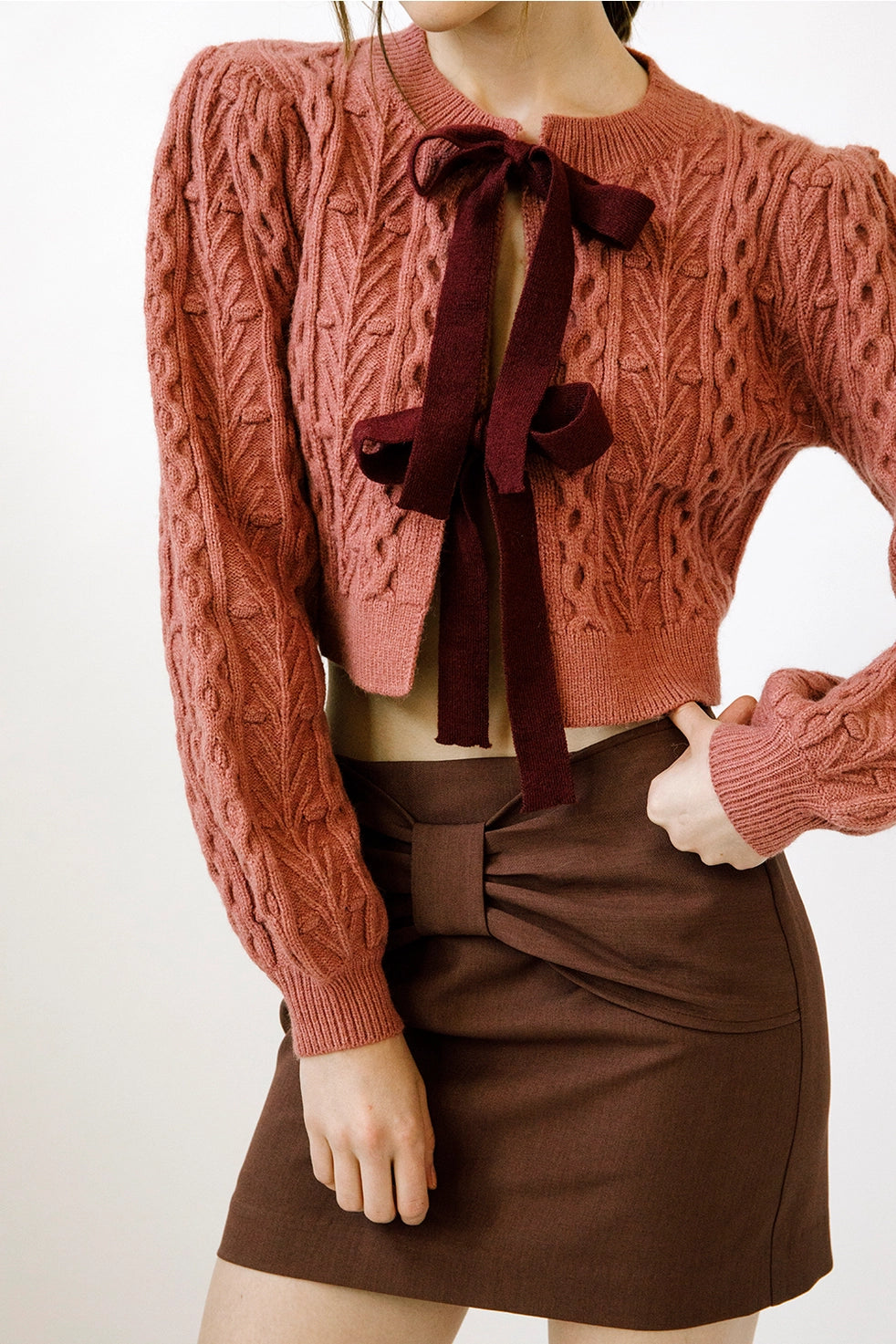 Monochromatic Cable Knit Cardigan - Mauve + Wine