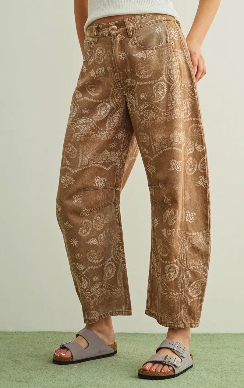 Paisley Print Washed Pants - Brown