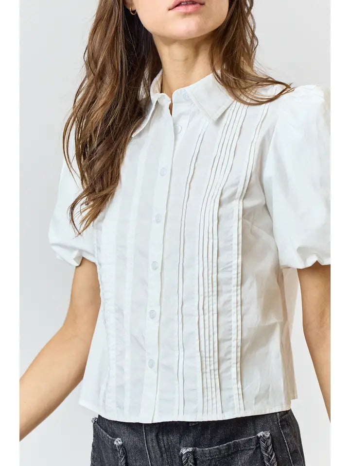 Puff Sleeve Pintuck Collared Shirt - Ivory