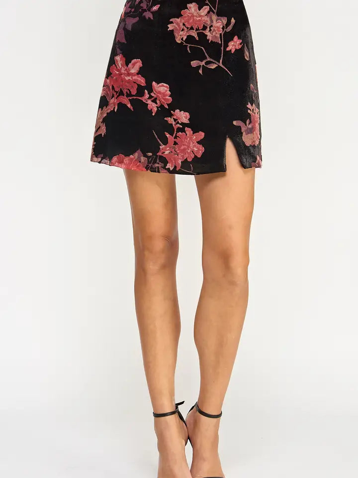 Velvet Skirt - Black Floral