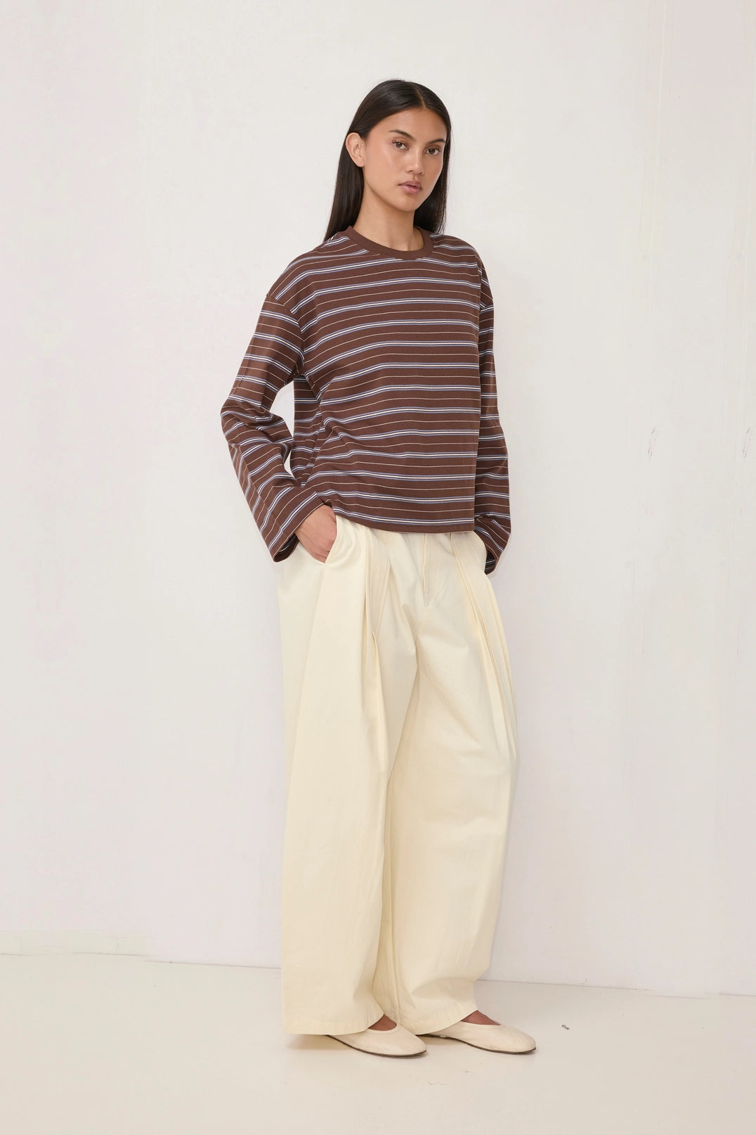 Striped Flare Long Sleeve- Brown