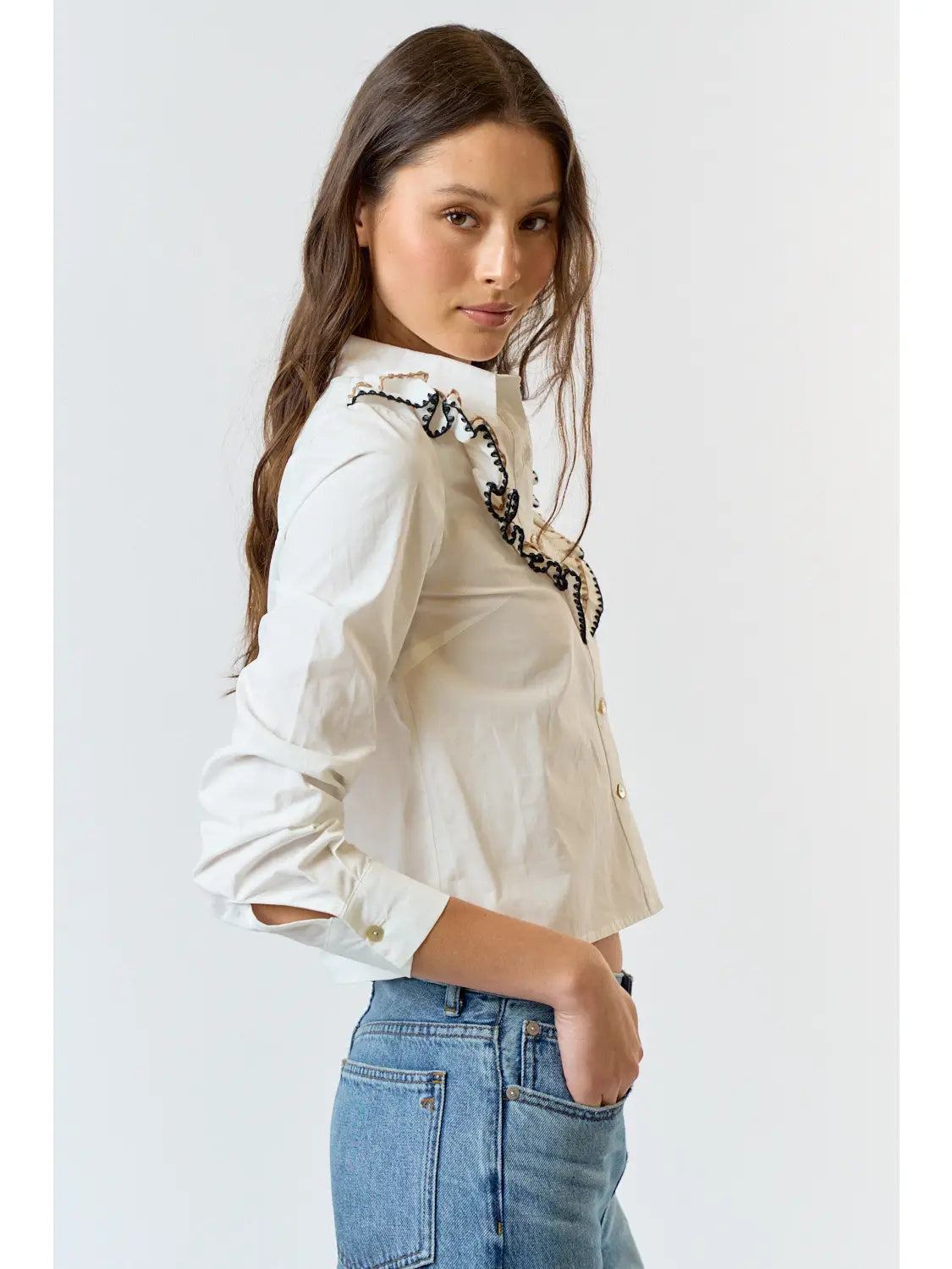 Long Sleeve Collar Button Down Top - Off White