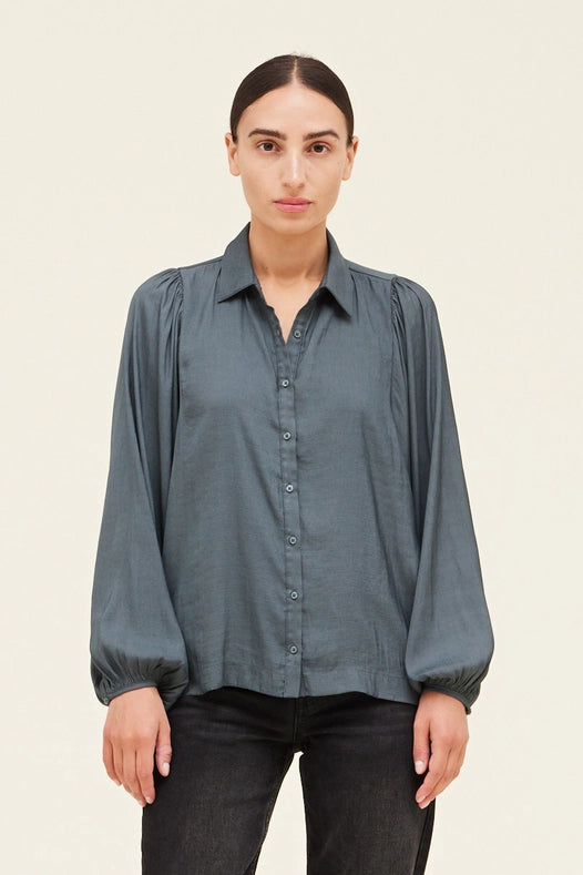 Grade + Gather - Button Down Satin Shirt - Dark Teal