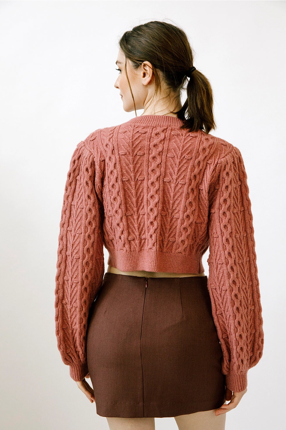 Monochromatic Cable Knit Cardigan - Mauve + Wine