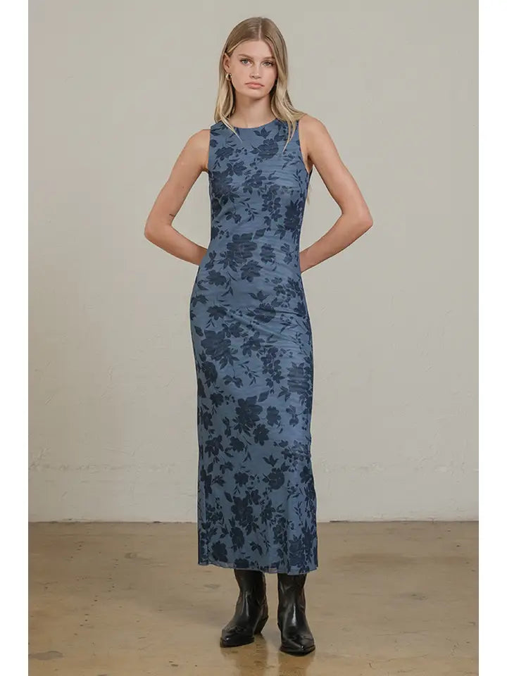 Midnight Bloom Mesh Dress - Blue Floral